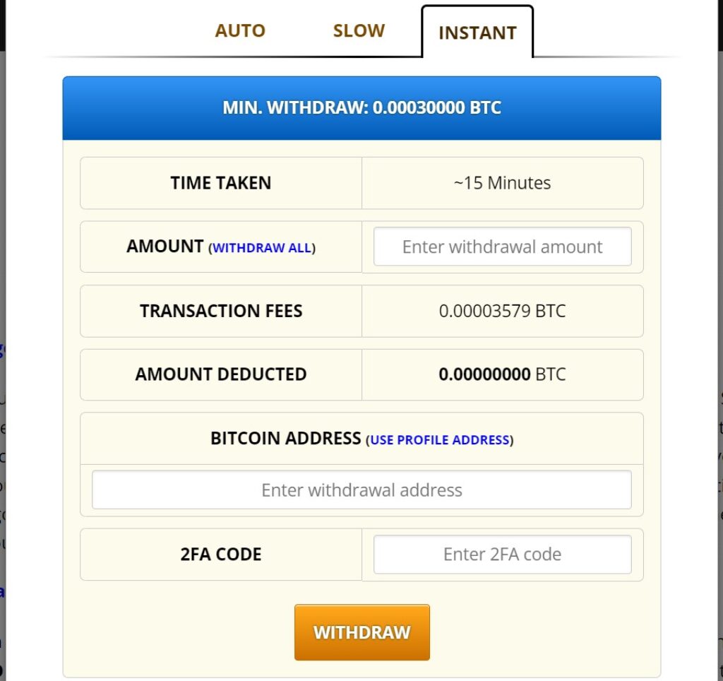 instant withdrawal option on freebitco.in