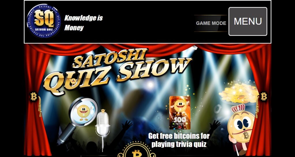 homepage of satoshi quiz trivia game