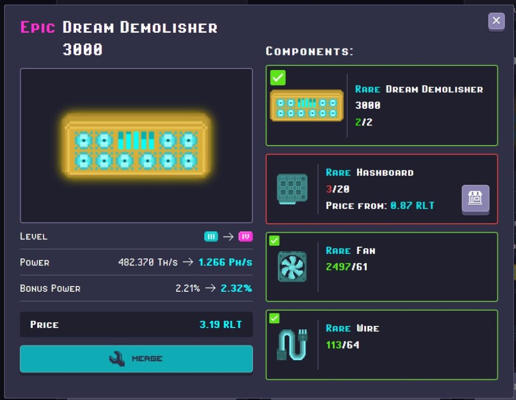 components to merge a dream demolisher 3000