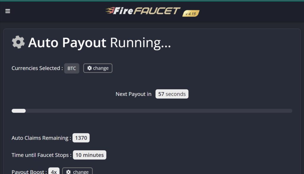 fire faucet auto payout running page