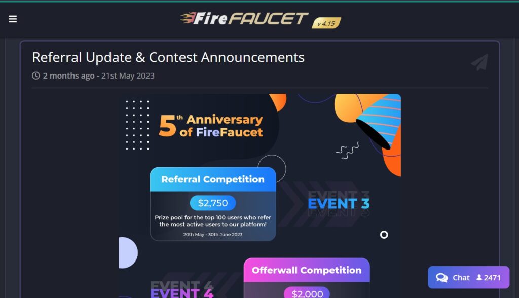 firefaucet 5th anniversary referral and offerwall contests news