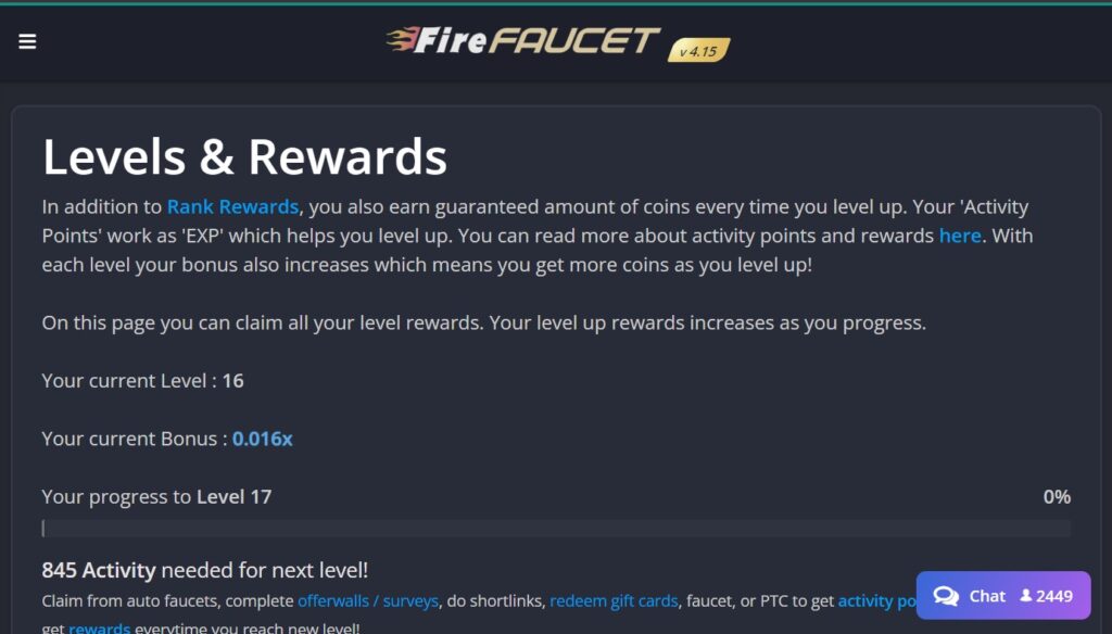 firefaucet levels and rewards page