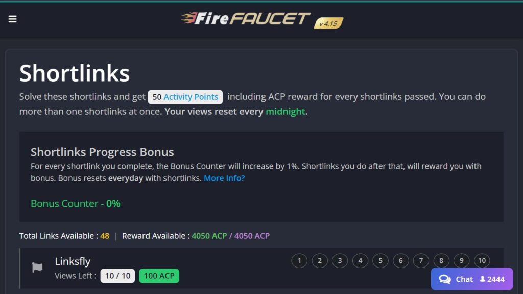 firefaucet shortlinks page
