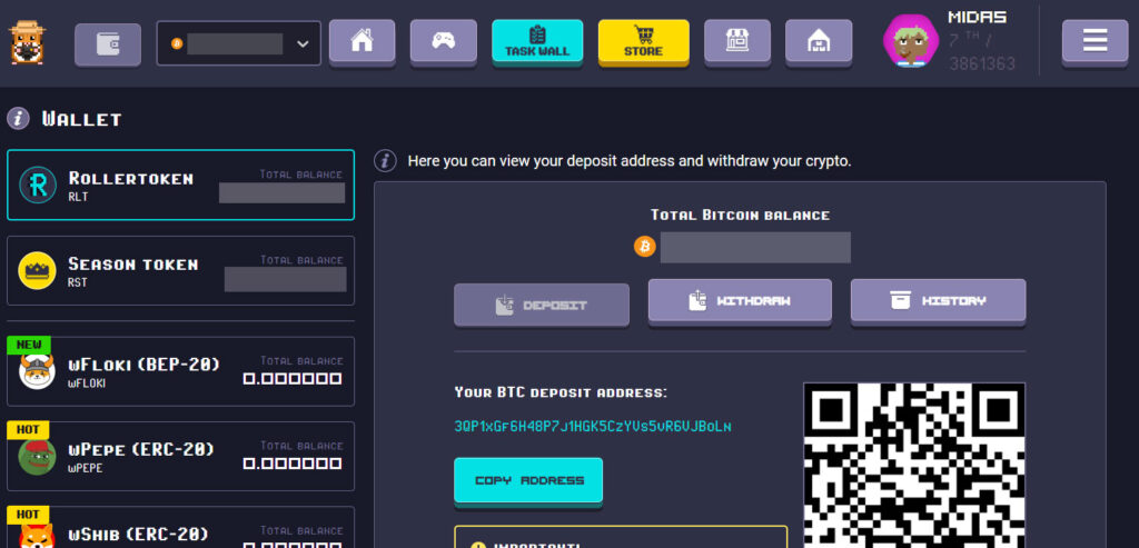 midas bitcoin wallet on rollercoin