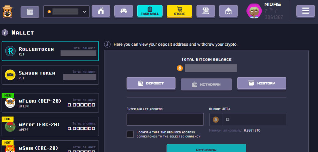 midas bitcoin wallet withdraw tab on rollercoin