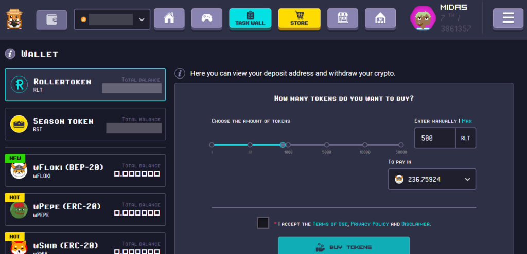 midas wallet on rollercoin