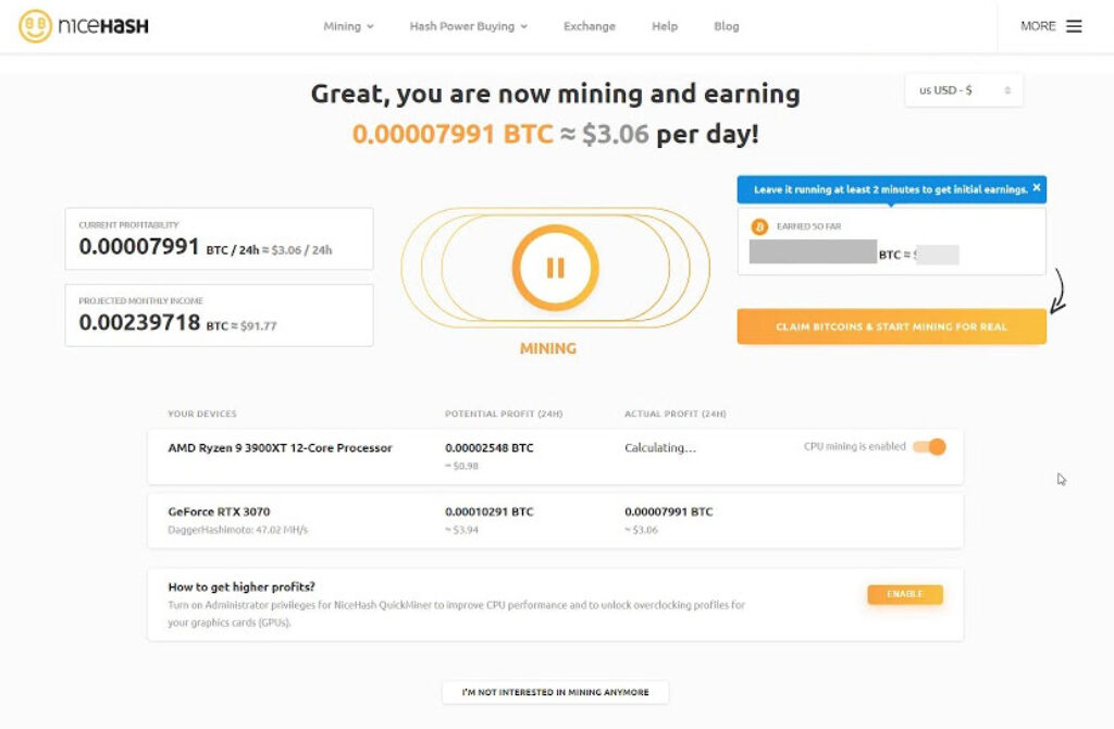 nicehash quickminer software to mine bitcoin for free