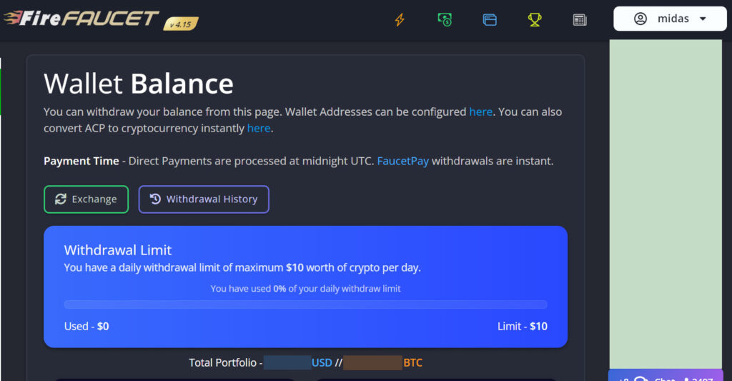 wallet balance page on fire faucet