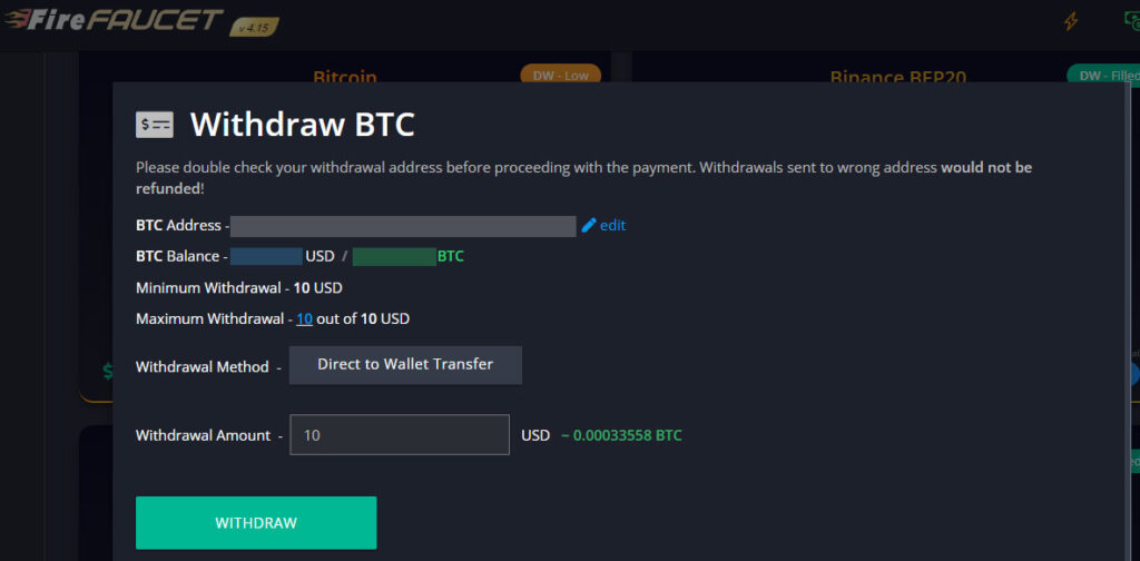 withdraw btc pop-up on fire faucet