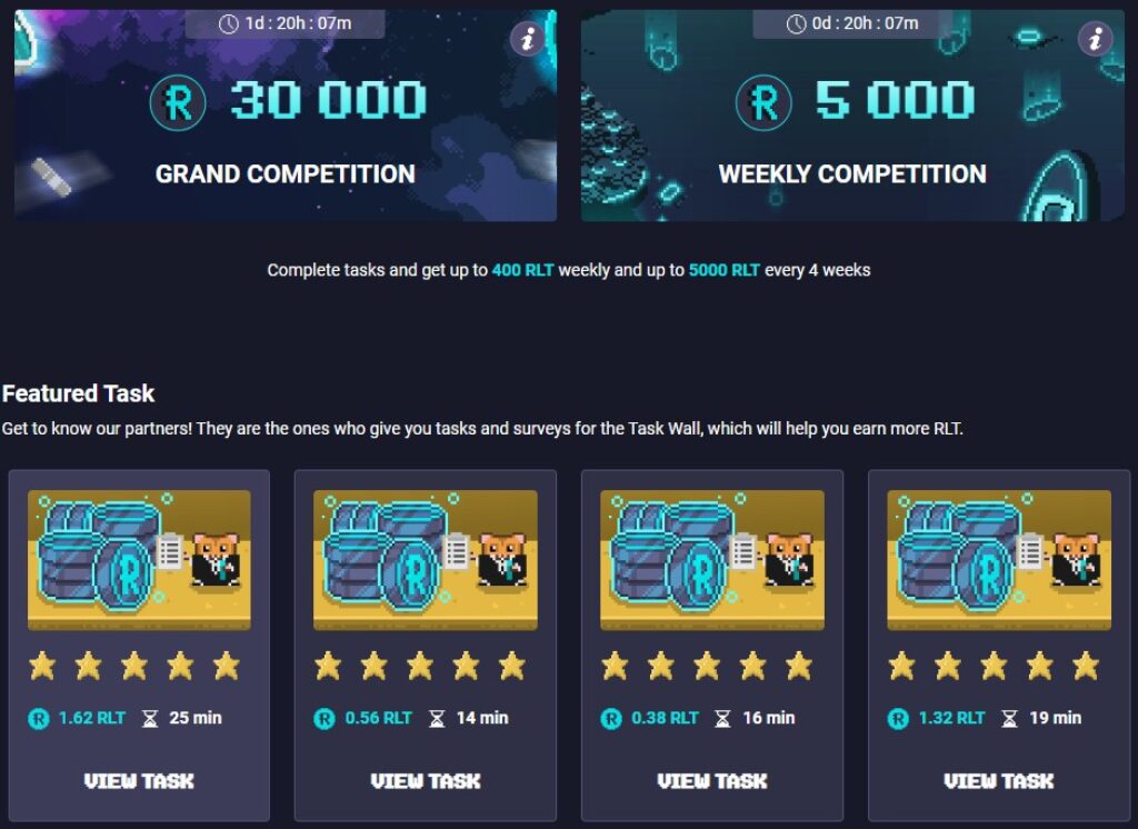 rollercoin task wall featured tasks and competitions