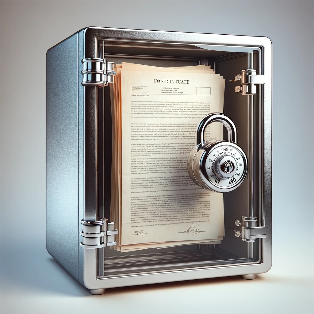 a transparent safe containing a document locked by a padlock