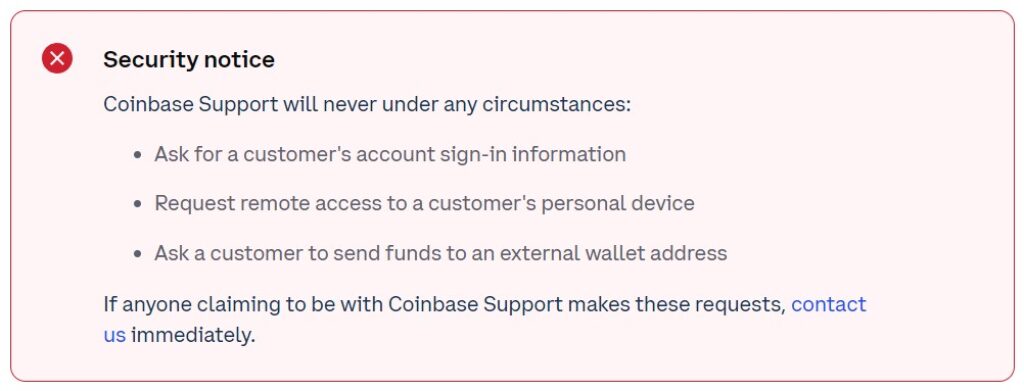 security notice on coinbase help center