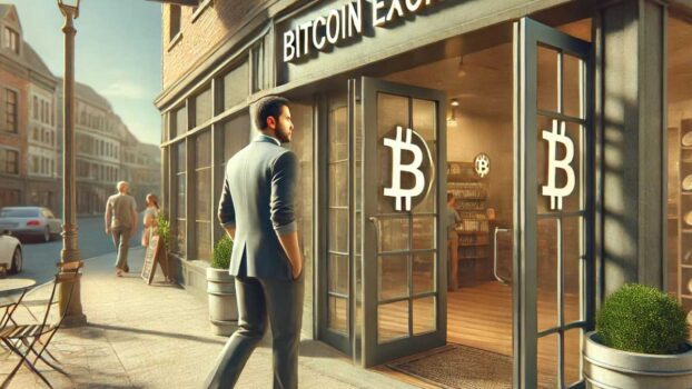 person entering a bitcoin exchange to buy coins