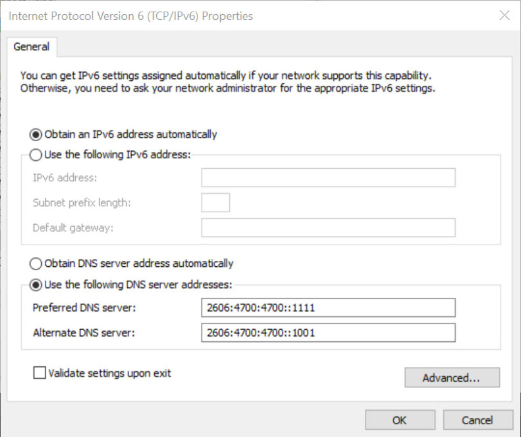 cloudflare ipv6 dns addresses set up in windows 10